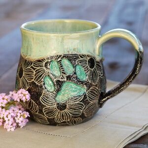 NEW Handmade Ceramic Paw Print Blue Drip Glazed Floral Gold Glitter Pottery Mug